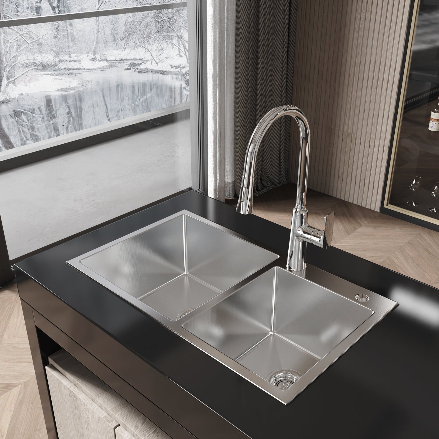Stainless Steel Kitchen Sink, 32"x19" Double Bowl in Brushed Nickel