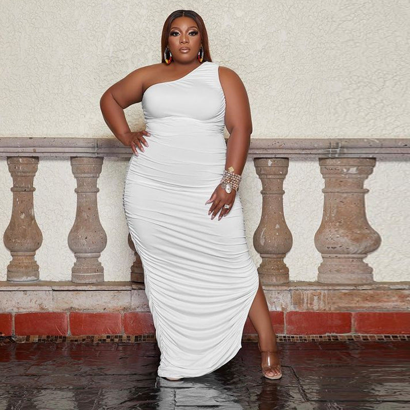 Plus Size Women's One Shoulder Irregular Pleated Dress