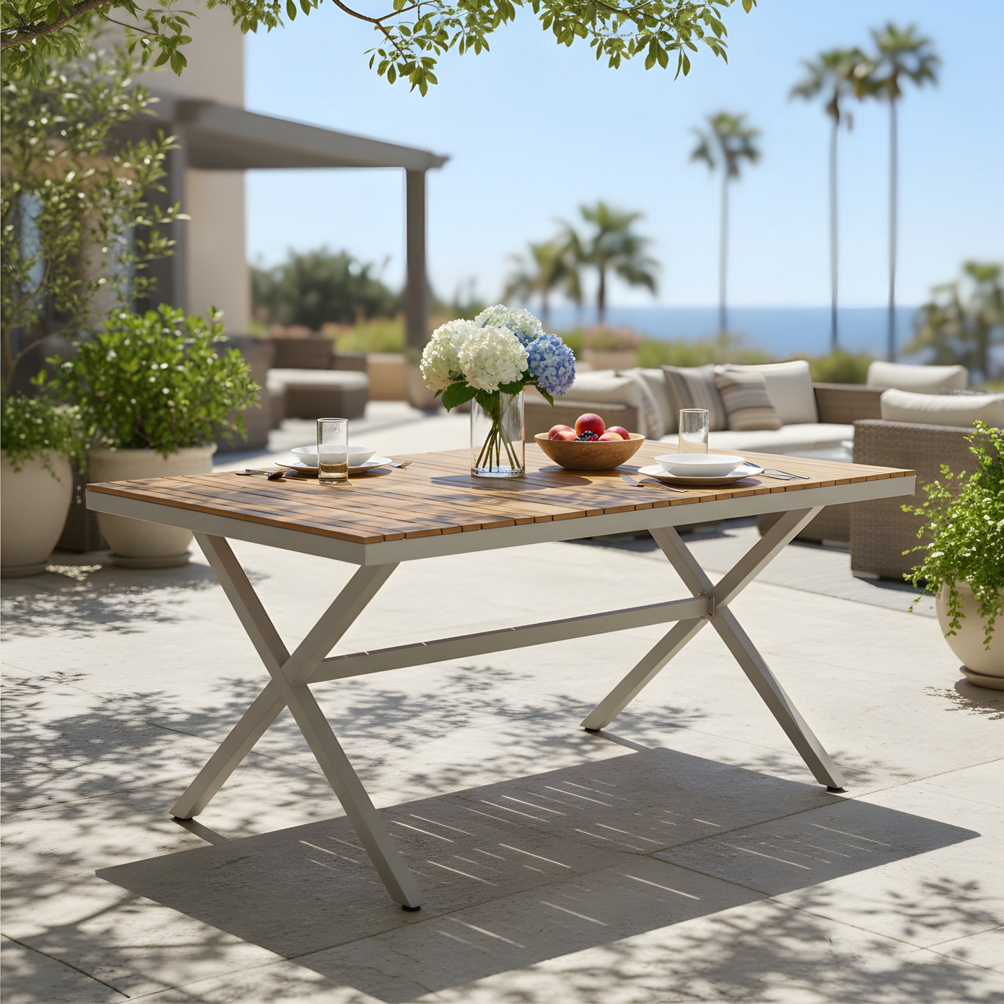 Teak Wood Top Outdoor Table with Steel Frame