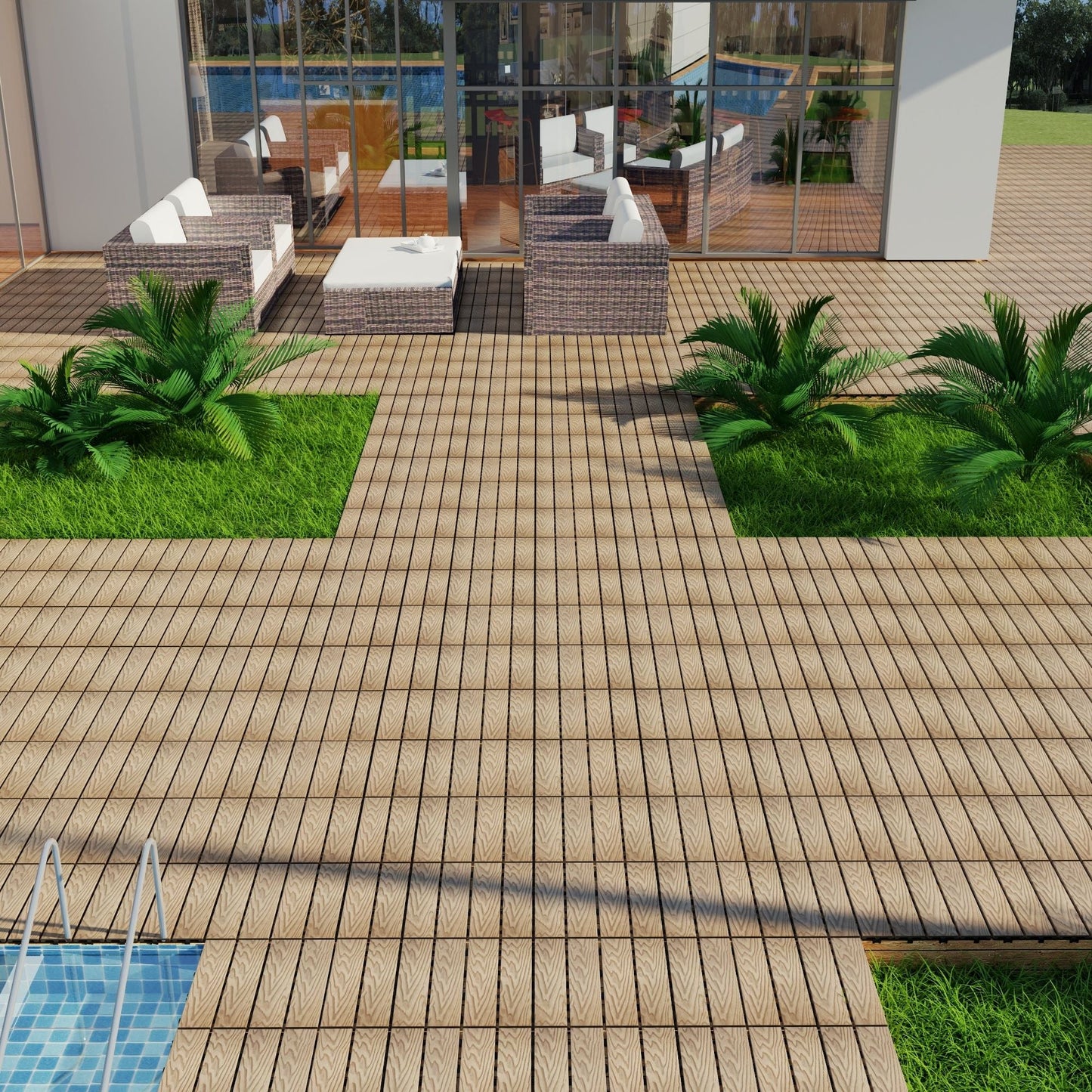 Patio Deck Tiles, Interlocking Diy Flooring For Indoor / Outdoor Use (Set of 22) - Teak
