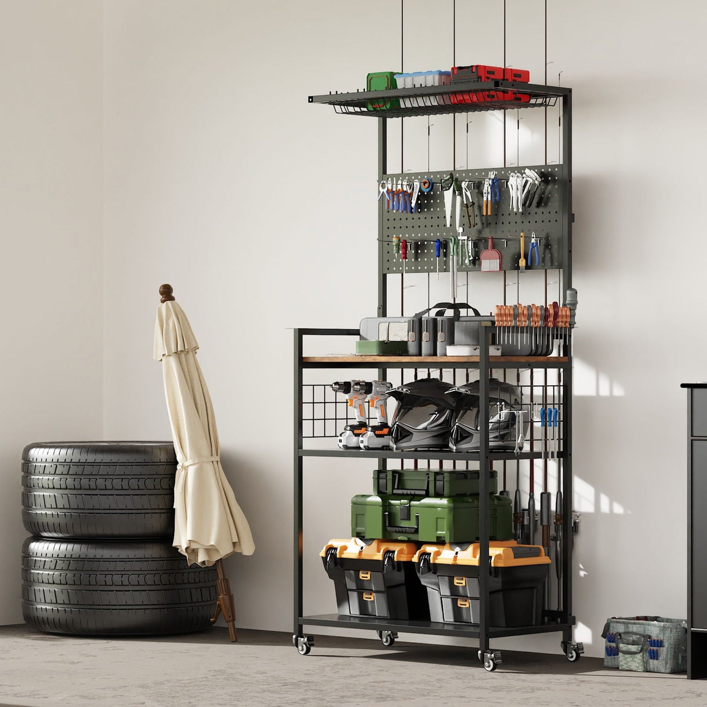 Fishing Rod Storage Rack With Pegboard, Rolling Tackle Organizer Cart - Black
