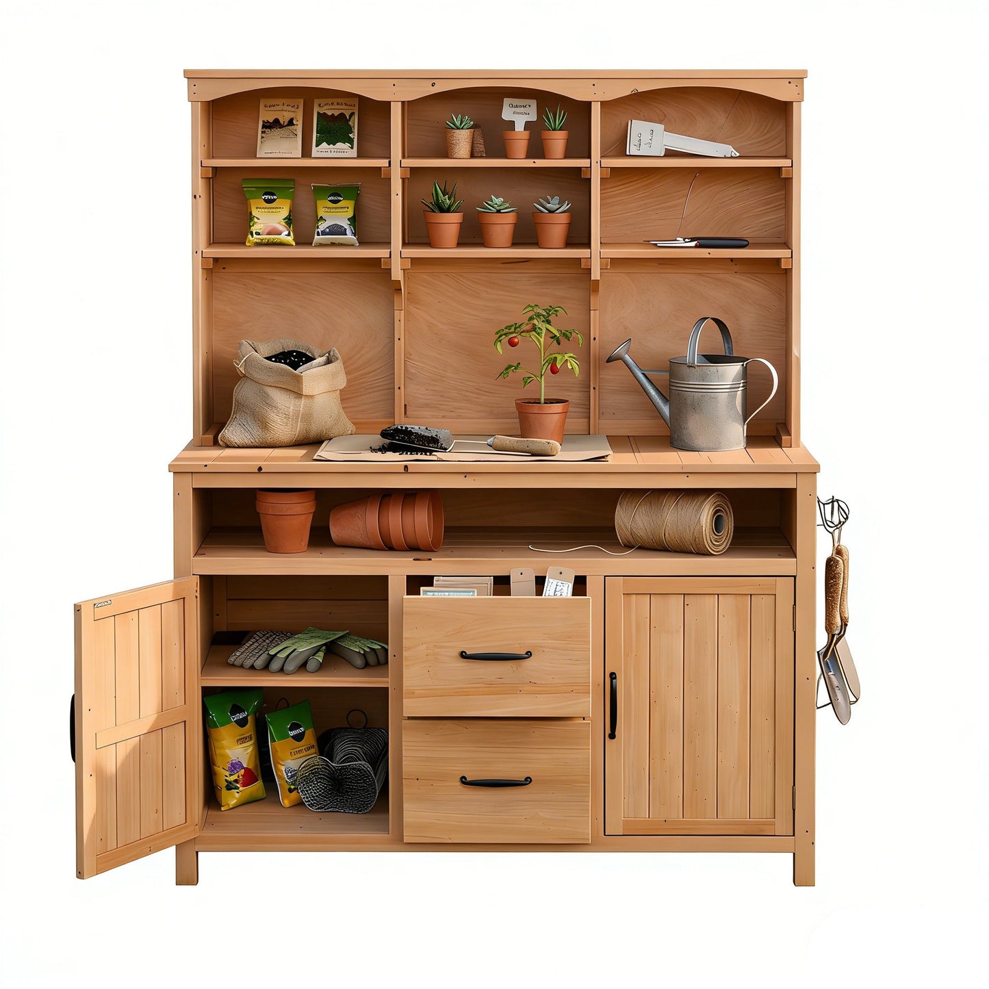 TOPMAX Large Fir Wood Potting Bench with Hutch, Cabinets & Drawers