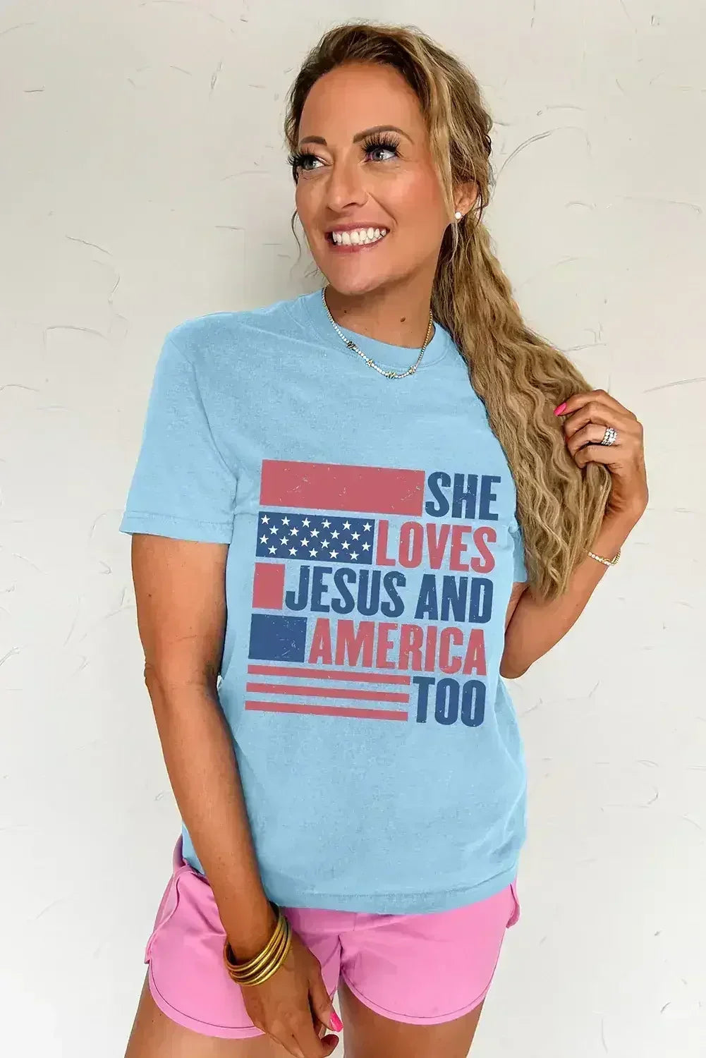 Light Blue SHE LOVES JESUS AND AMERICA TOO Patriotic T Shirt