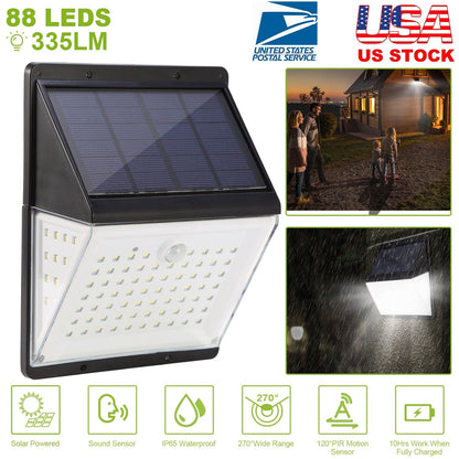 Solar Lights 88 LEDs Wall Lamps Outdoor 120¡ Motion Sensor Sound Control Lightings 270¡Illumination IP65 Waterproof w/ 2.5m Extend Wire for Garage Gar