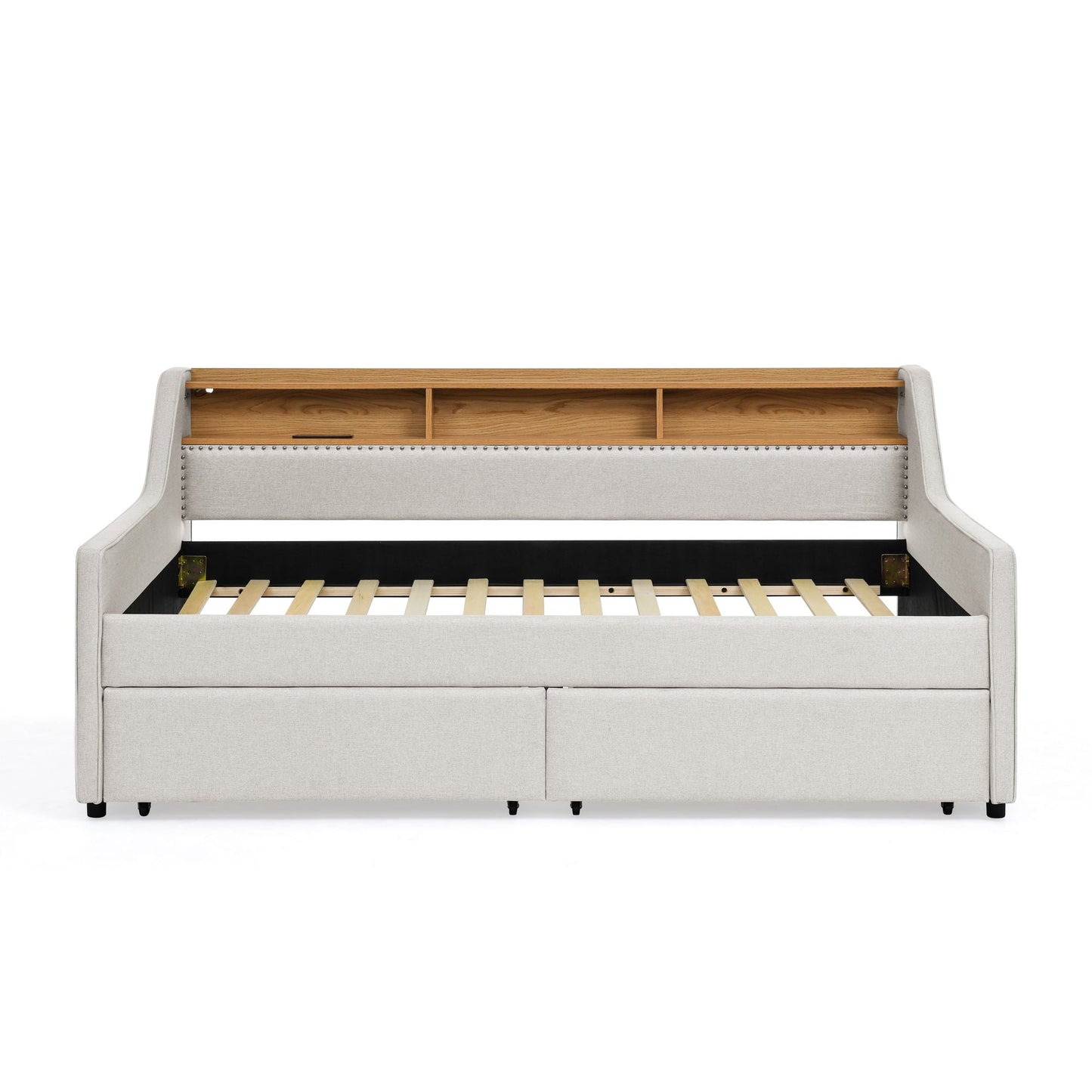 Twin Upholstered Sofa Bed With LED Lights, Storage Drawers, Adjustable Headboard & Wireless Charging - Beige