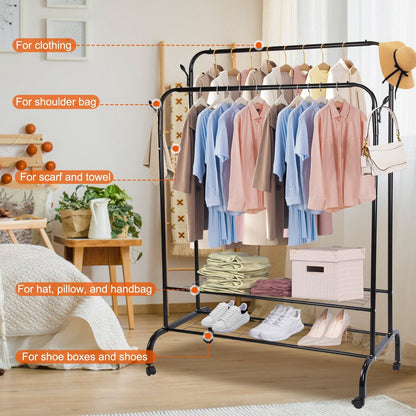 Garment Hanging Rack Clothing Hanging Rail Pillow Shoe Display Organizer Clothes Organizer Stand with 2 Rails 2 Shelves 4 Rolling Wheels 4 Hooks