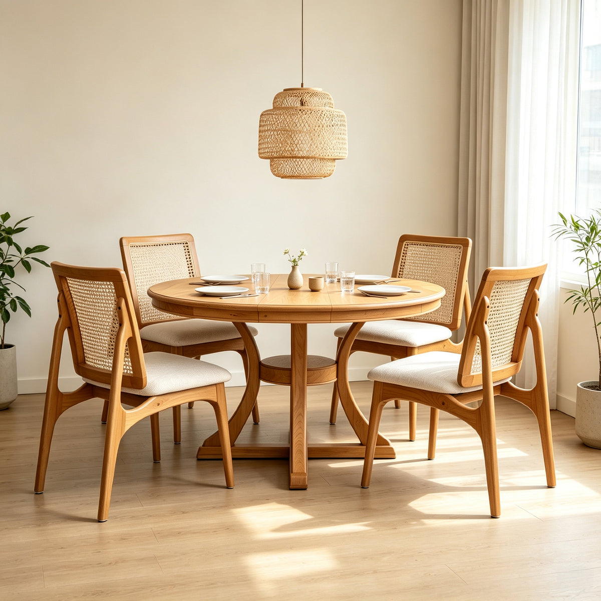 5-Piece Round Extendable Solid Wood Dining Table Set