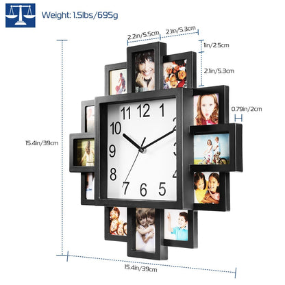 12-Photo Collage Wall Clock – Home Decor Frame Clock
