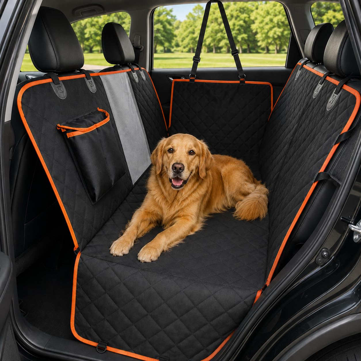Dog Car Seat Cover For Back Seat,  Waterproof Hammock For Cars And SUVs Scratch-Resistant, Non-Slip Design With Mesh Window, Side Flaps And Storage Pocket, Black