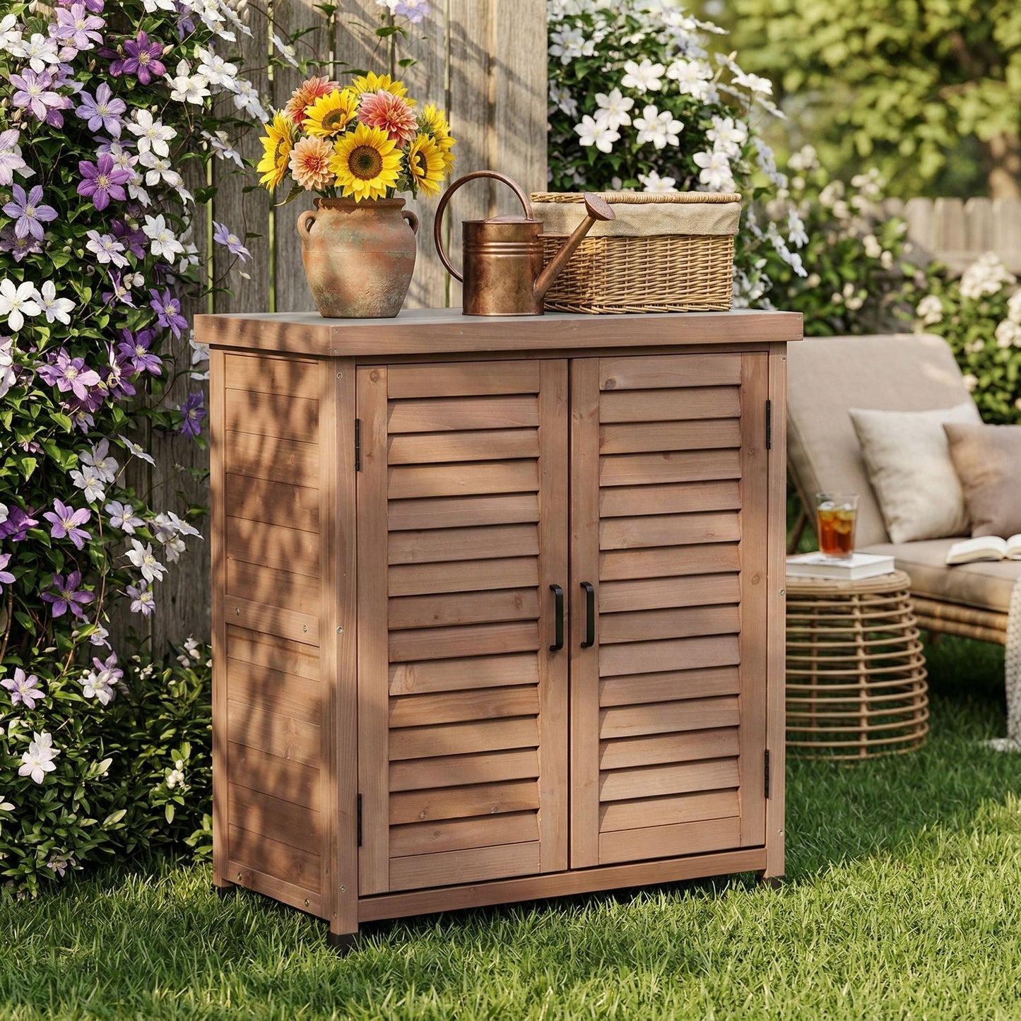 Potting Bench With Storage Cabinet And Metal Table Top For Outdoor
