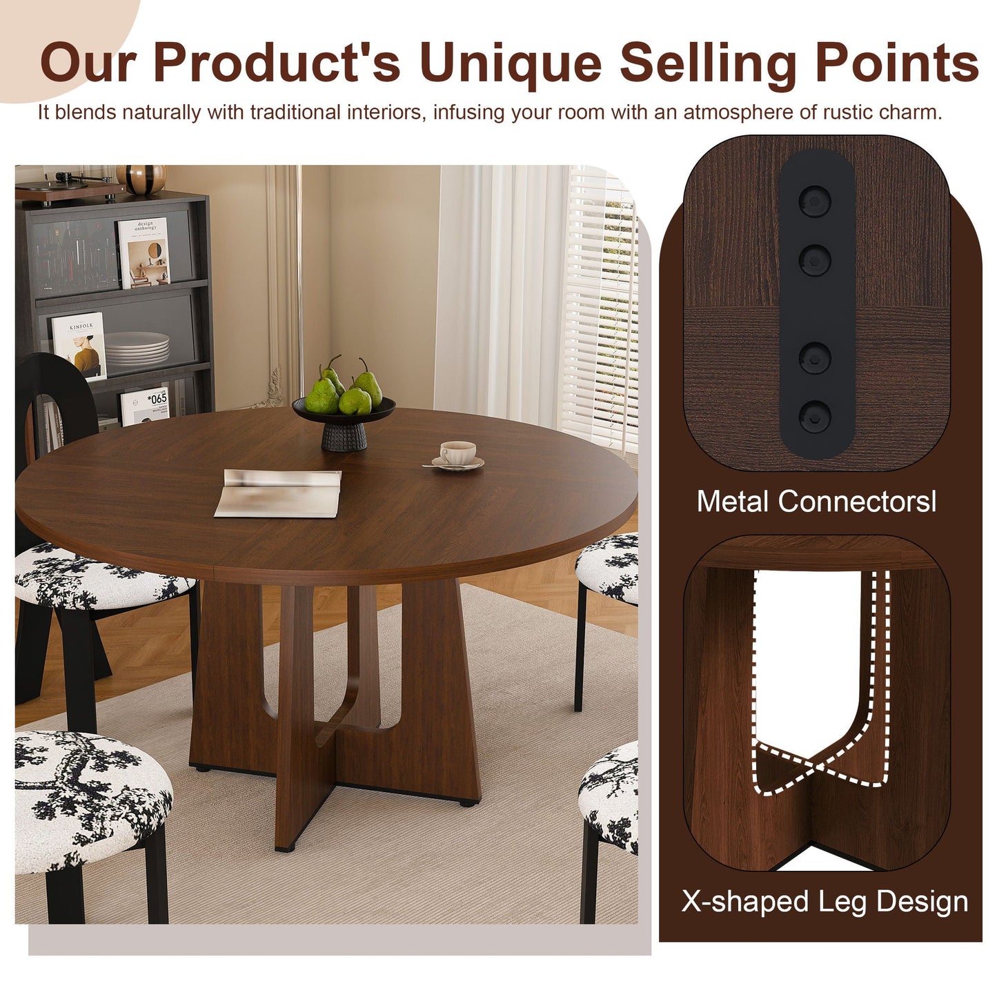 Round Dining Table For 4 With 4 Upholstered Chairs - Walnut / Black