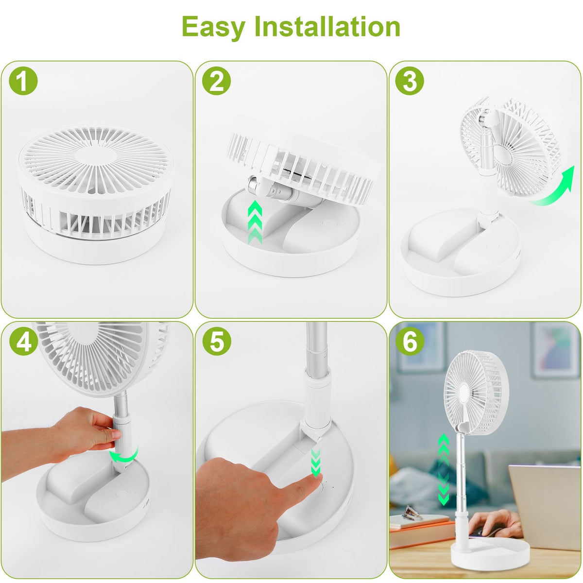 Portable Folding Desk Table Fan Quiet USB Rechargeable Telescopic Standing Floor Fan w/ 4 Speeds Adjustable Height 180¡ Tilting Angle For Office Home