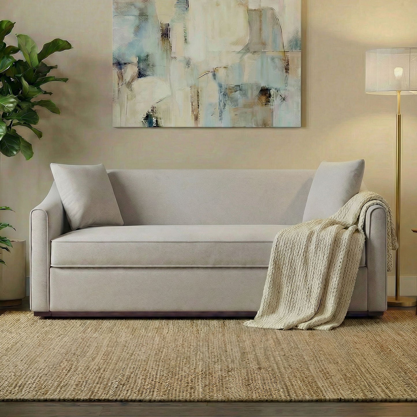 3 Seater Sofa With Wrap Around Armrests And Throw Pillows