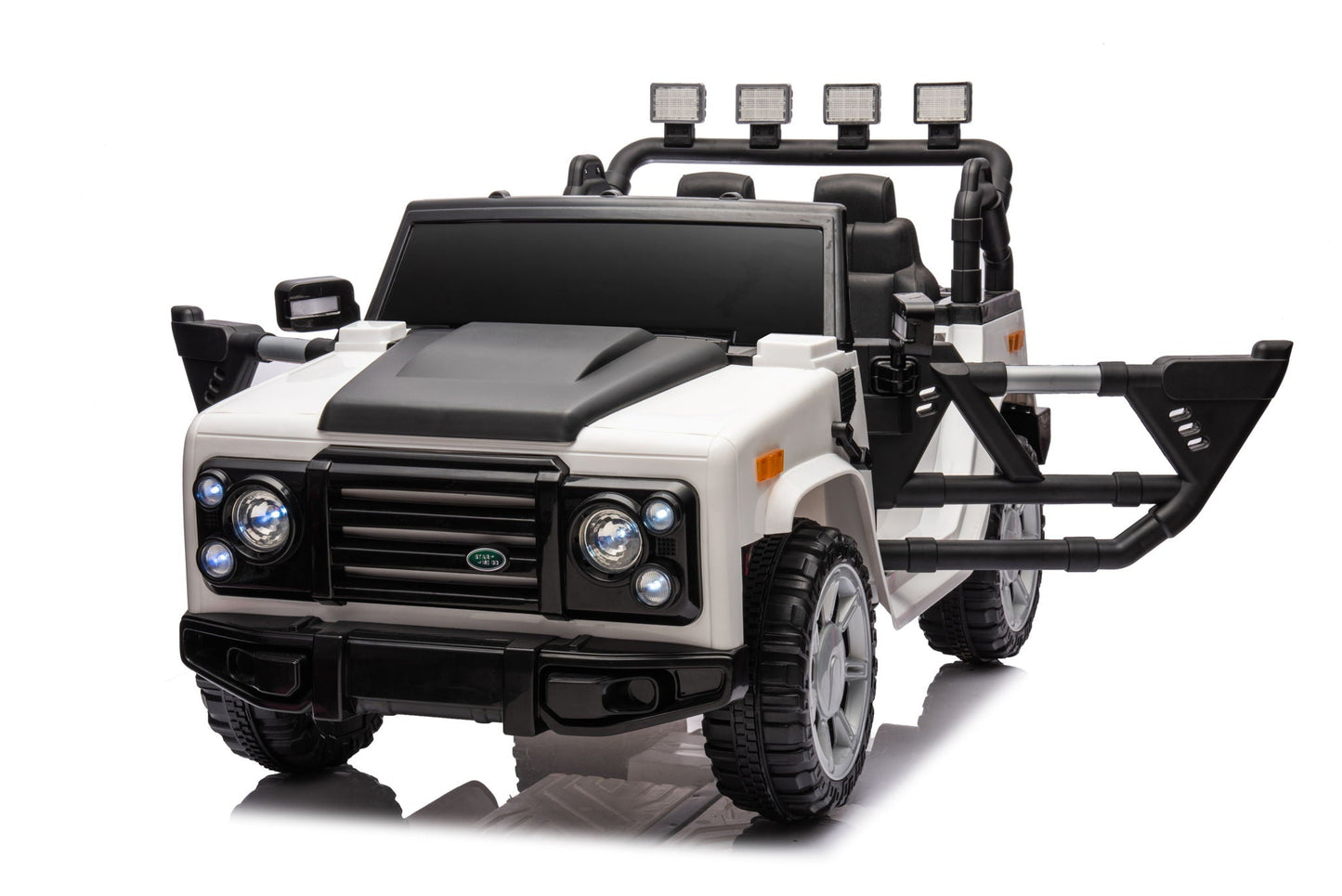 12V7A 30W*2 Four-Wheel Drive Seat One Button Start, Forward And Backward, High And Low Speed, Music, Front Light, Power Display, Two Doors Can Open, 2.4G R / C, Seat Belt Four Wheel Absorber