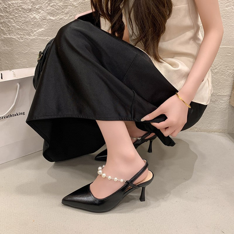 Women French Style Pearl Closed Toe Sandals, 2026 Summer New Pointed Toe Stiletto Backless High Heels, Fairy Style Single Shoes