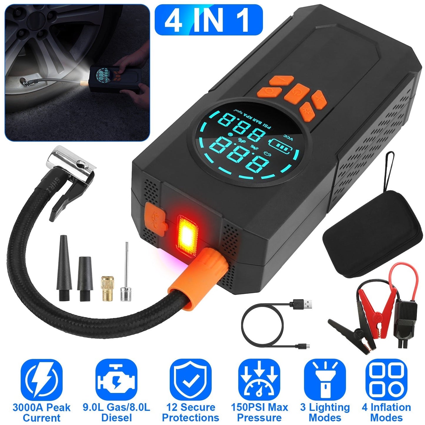 3000A 150PSI 12V Portable Jump Starter with Air Compressor 9.0L Gas/8.0L Diesel Jumper Box with 3 Light Modes Power Bank LCD Display