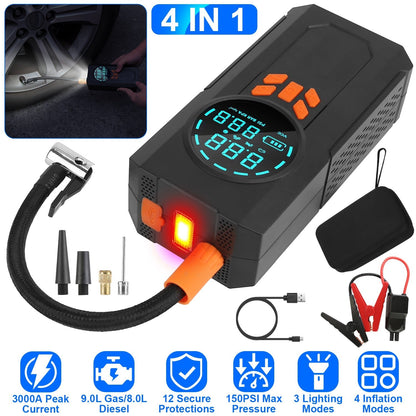 3000A 150PSI 12V Portable Jump Starter with Air Compressor 9.0L Gas/8.0L Diesel Jumper Box with 3 Light Modes Power Bank LCD Display