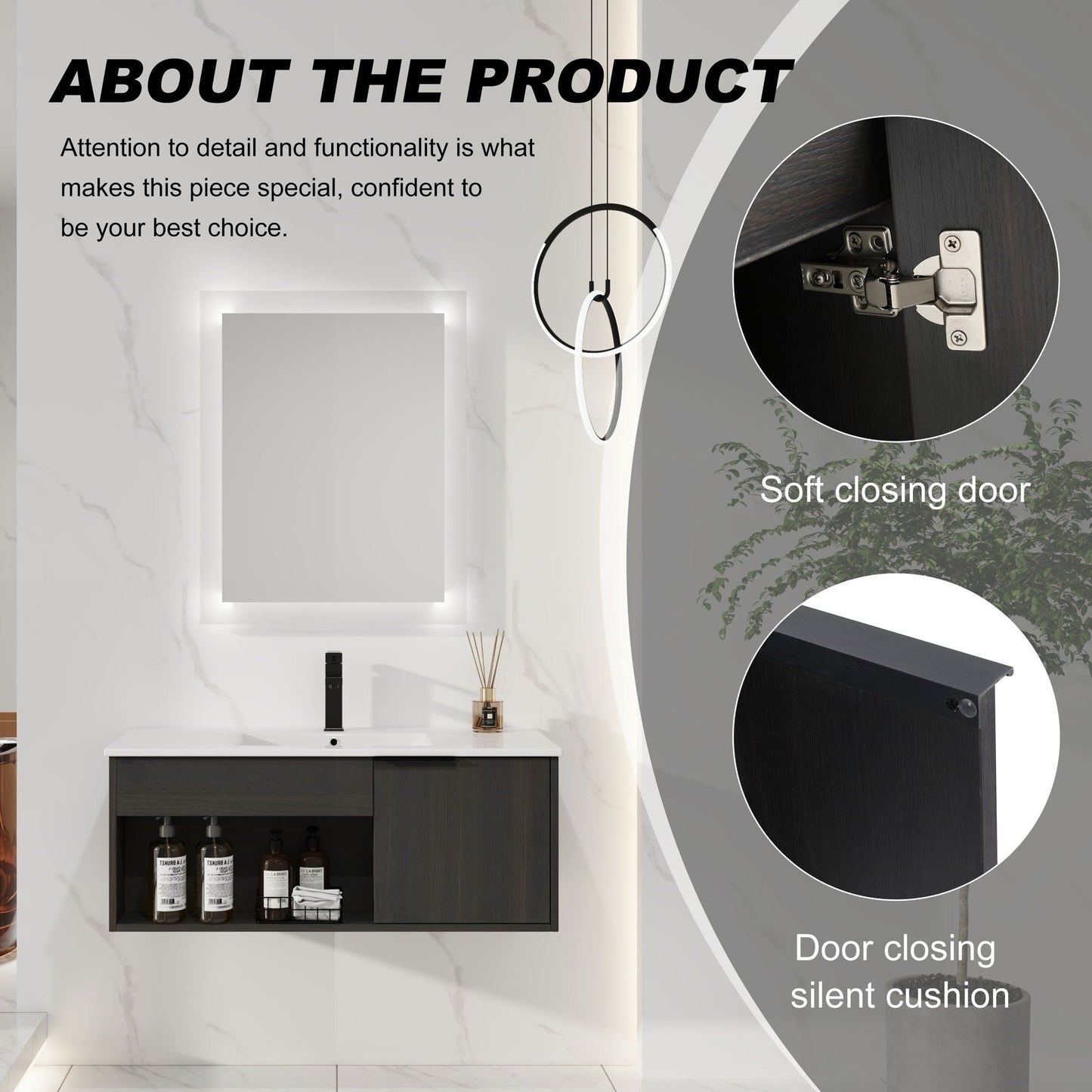 Wall Mounted Floating Bathroom Vanity With Open Shelf & Soft Close Door