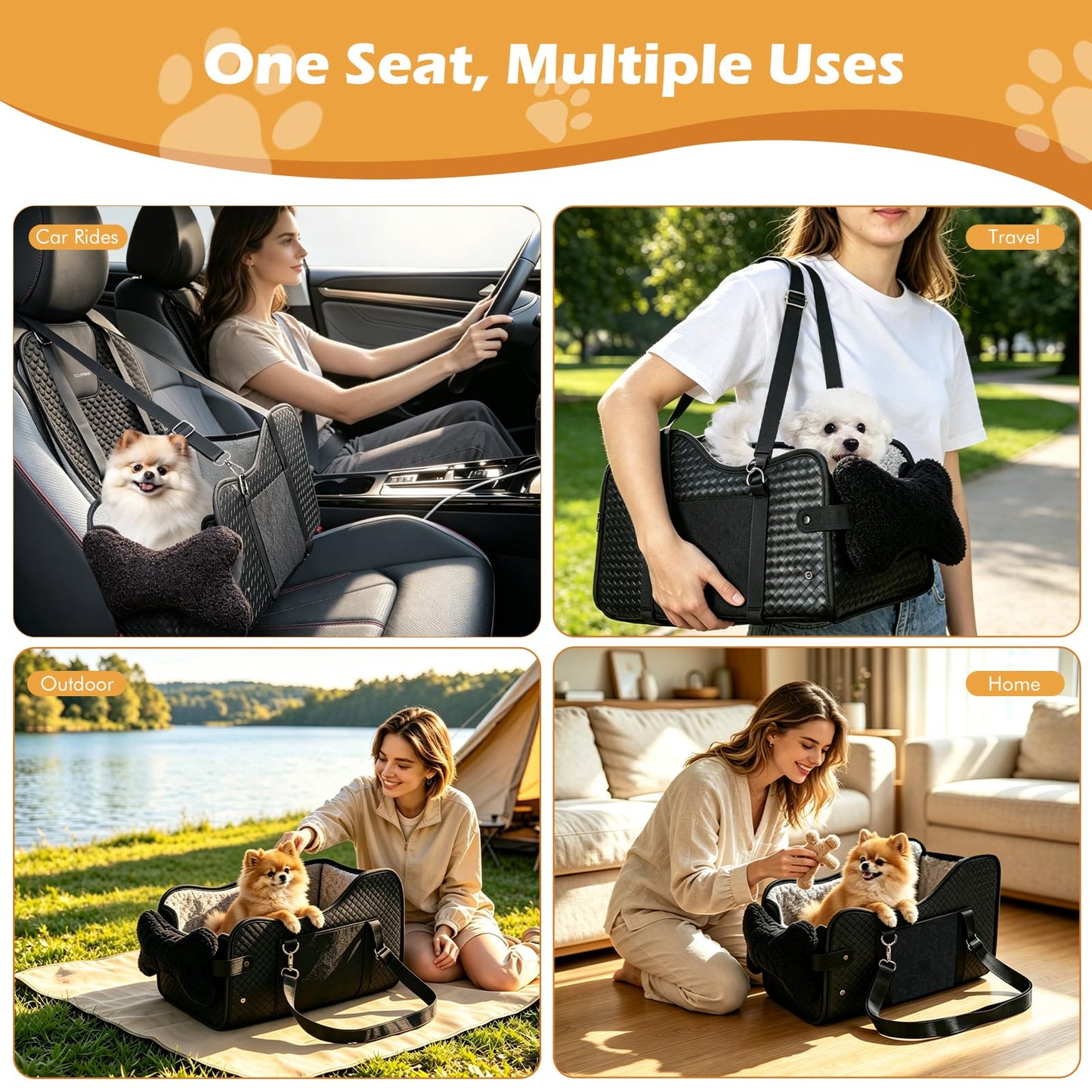 Center Console Dog Car Seat For Small Dogs, Dog Booster Seat To 15lbs Portable Puppy Car Seat With Adjustable Straps, Storage Pocket, Anti-Collapse, Washable Reversible Seat Cushion Black