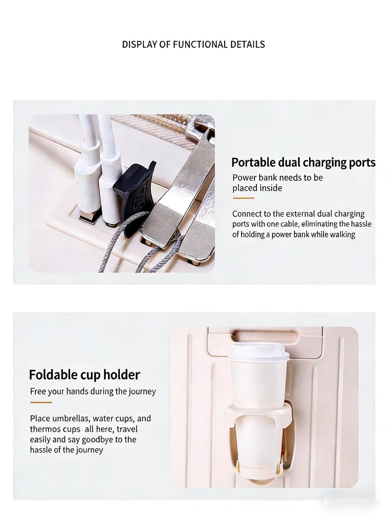 Front Opening Luggage Compartment With Front Open Tray And 20 Inch Cabin, Expandable Folding Cup Holder, Hidden Phone Holder, Dual USB Chargers. Travel Carrier