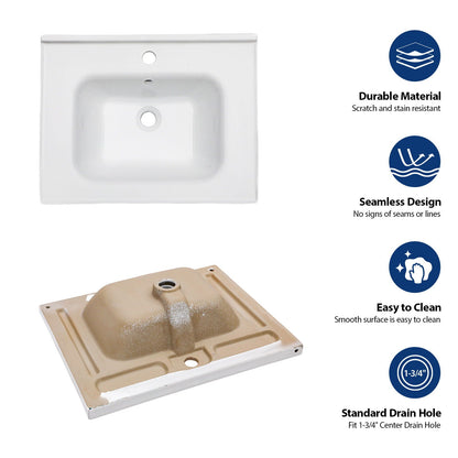 Rectangular Single Vanity Top With 1 Faucet Hole And Overflow Ceramic
