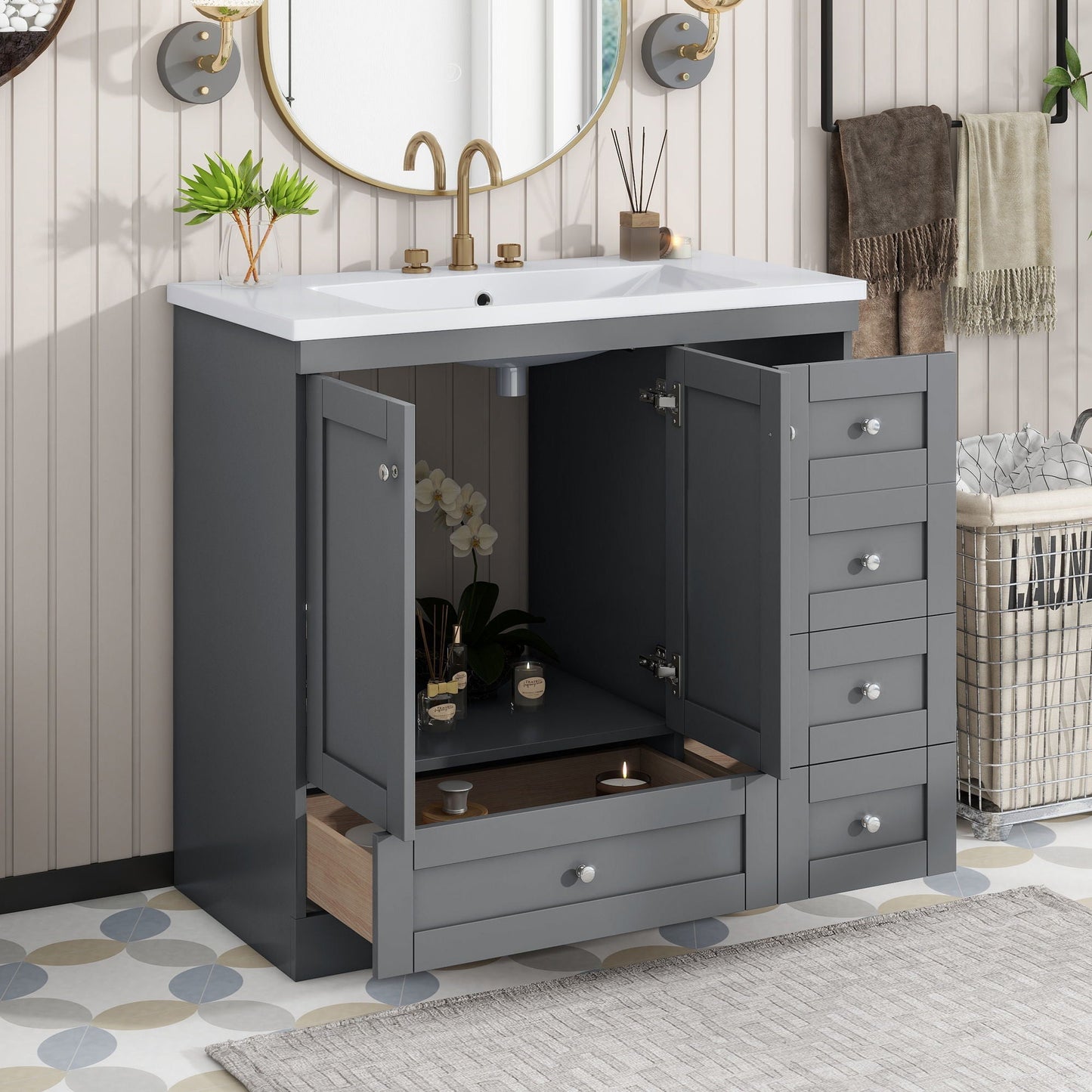 Shaker Free Standing Bathroom Vanity Cabinet With Sink, Soft Close Drawers, Soft Close Doors