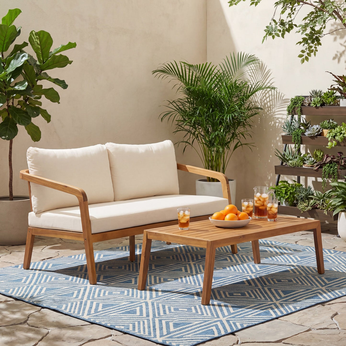 2-Piece Outdoor Loveseat & Coffee Table Set Acacia Wood Frame with PE Wicker Back & Water-Resistant Cushions
