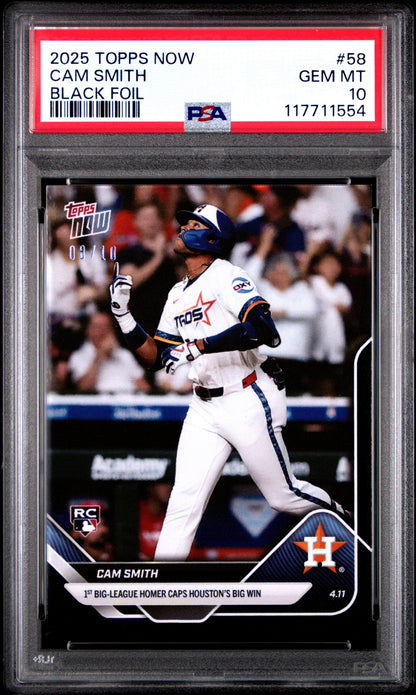 Graded 2025 Topps Now Cam Smith #58 Black Foil /10 Rookie RC Baseball Card PSA 10 Gem Mint