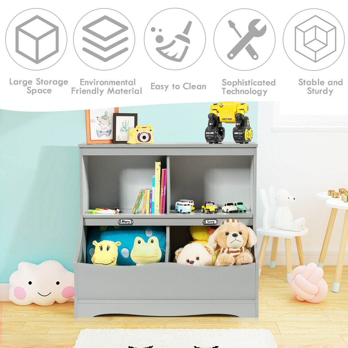 Kids Floor Cabinet Multi-Functional Bookcase -Gray