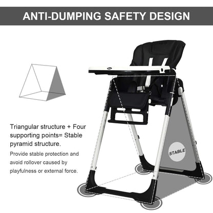 Foldable High chair with Multiple Adjustable Backrest-Black