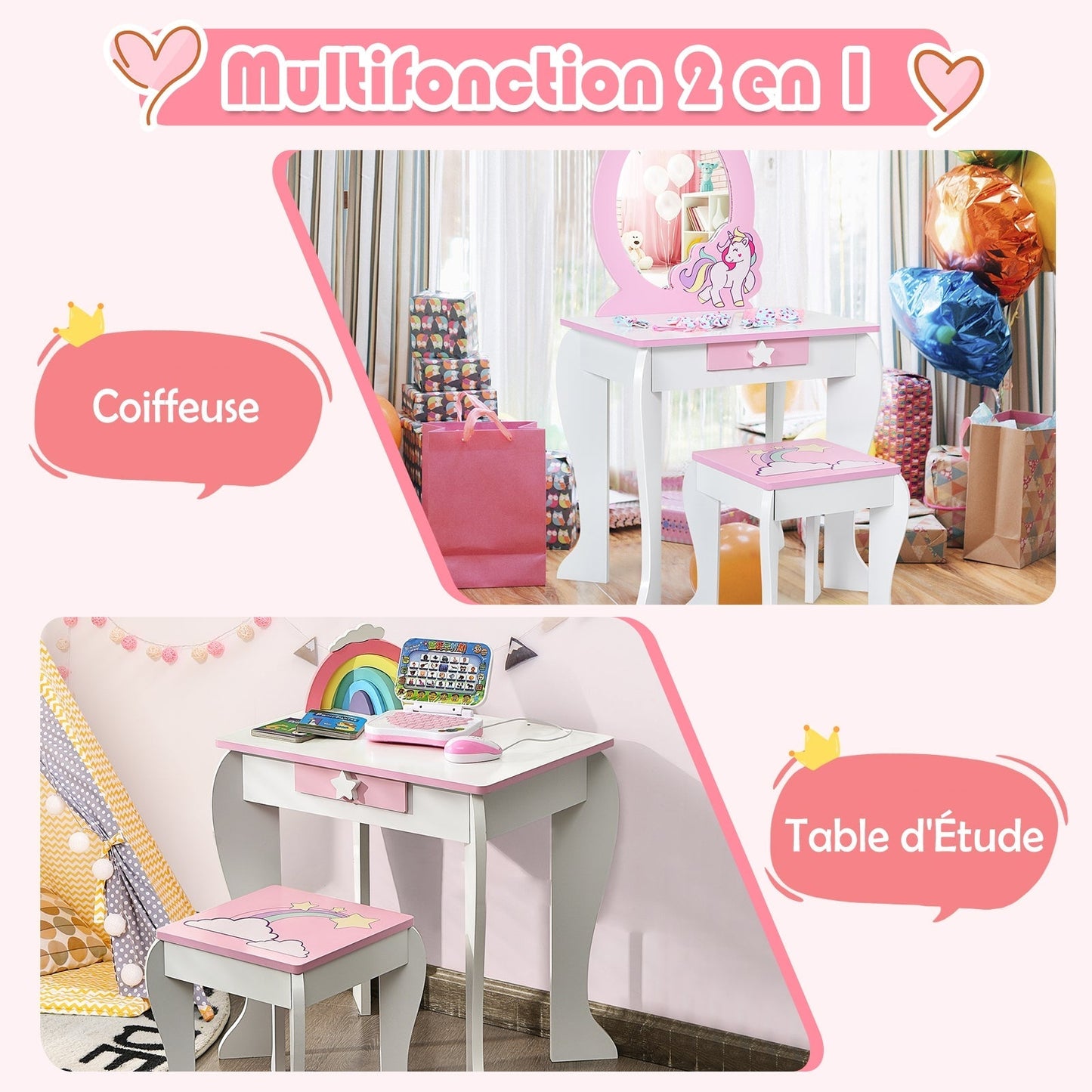 Kids Wooden Makeup Dressing Table and Chair Set with Mirror and Drawer