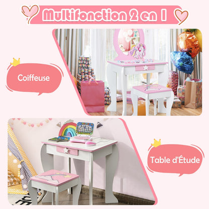 Kids Wooden Makeup Dressing Table and Chair Set with Mirror and Drawer