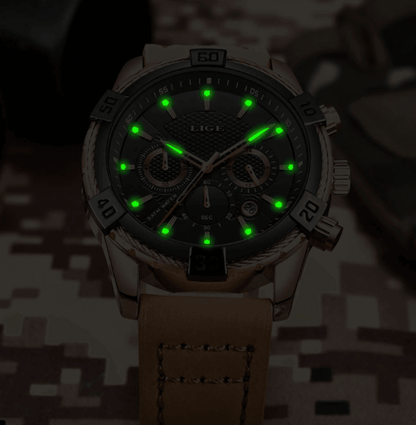 Men's Waterproof Watch With Chronometers Date Display Gold Detail Excellent Background Perfect Gift