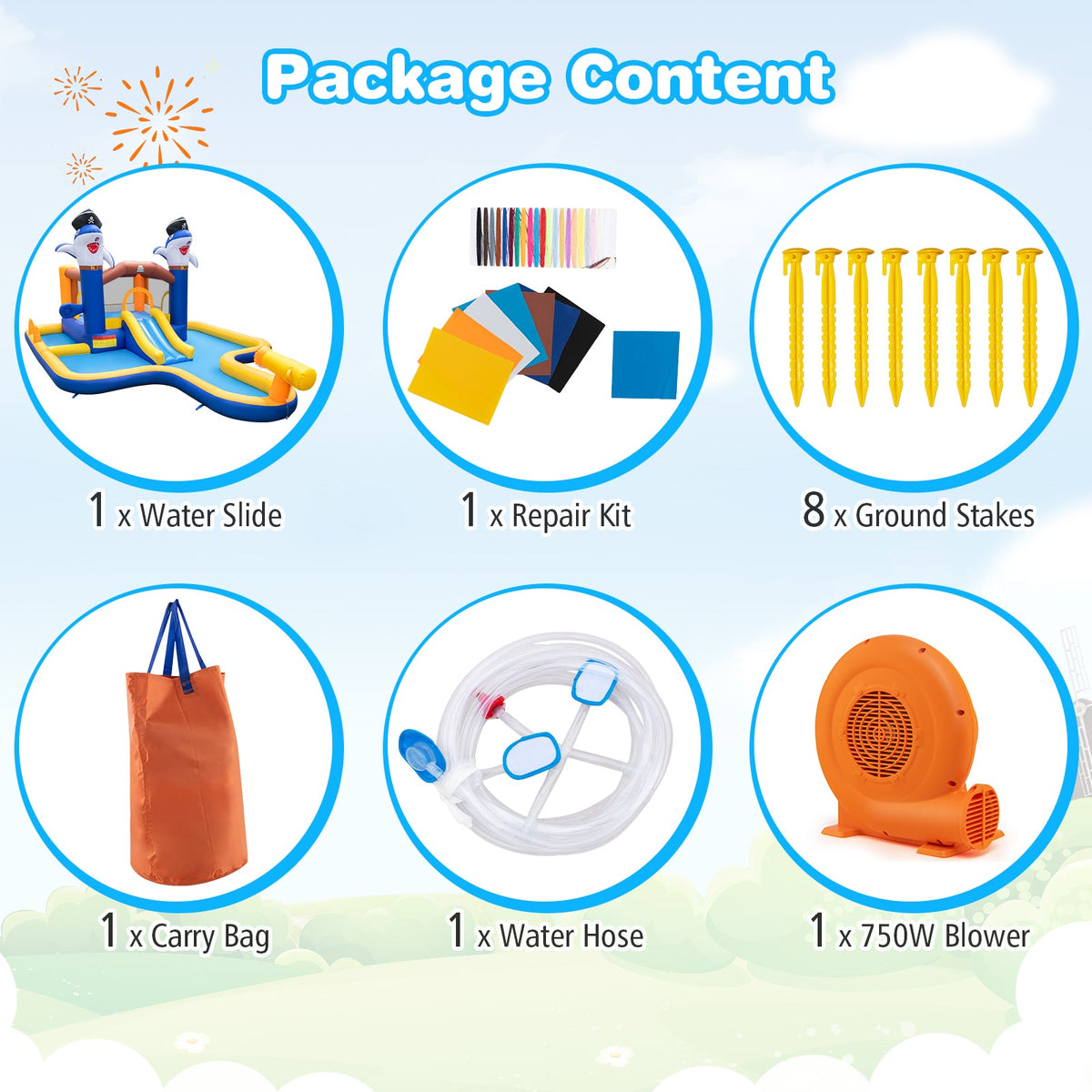 7-In-1 Water Slide Park with Splash Pool and Water Cannon with 680W Blower