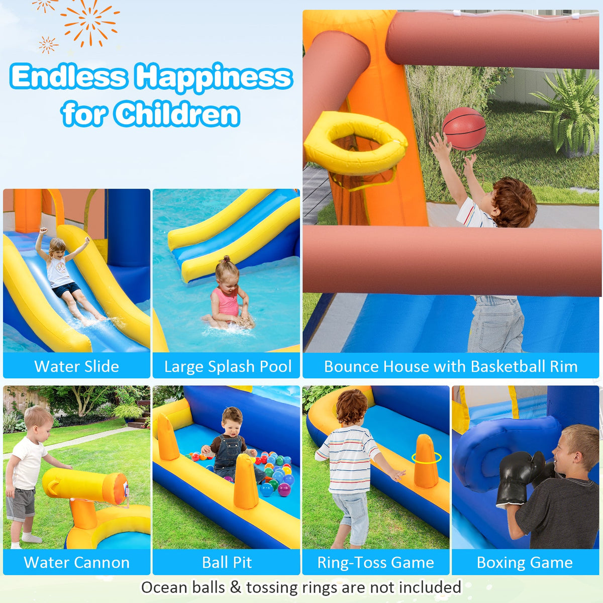 7-In-1 Water Slide Park with Splash Pool and Water Cannon with 680W Blower