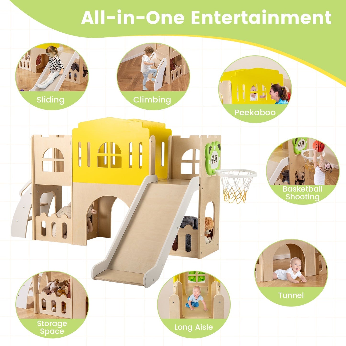 7-in-1 Toddler Slide Set for Kids with Climber and Basketball Hoop-Multicolor
