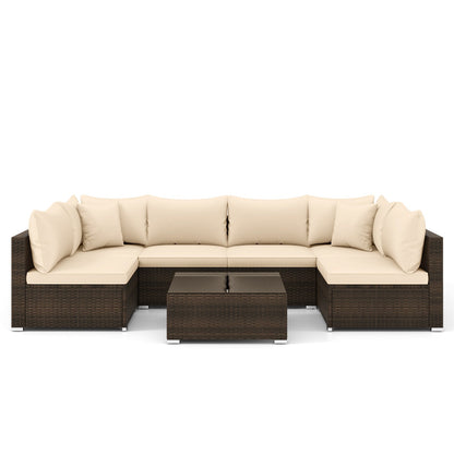 7 Pieces Patio Rattan Furniture Set with Sectional Sofa Cushions