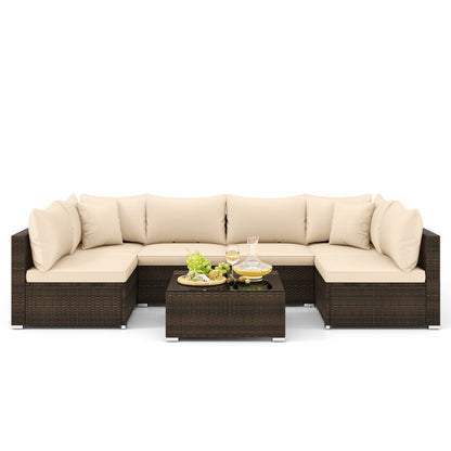 7 Pieces Patio Rattan Furniture Set with Sectional Sofa Cushions