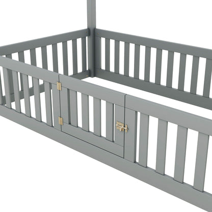 Wood House Bed With Fence And Door
