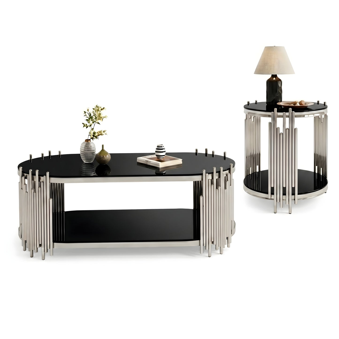 Modern Luxury Coffee Table and Side Table Set, 2-Piece Oval