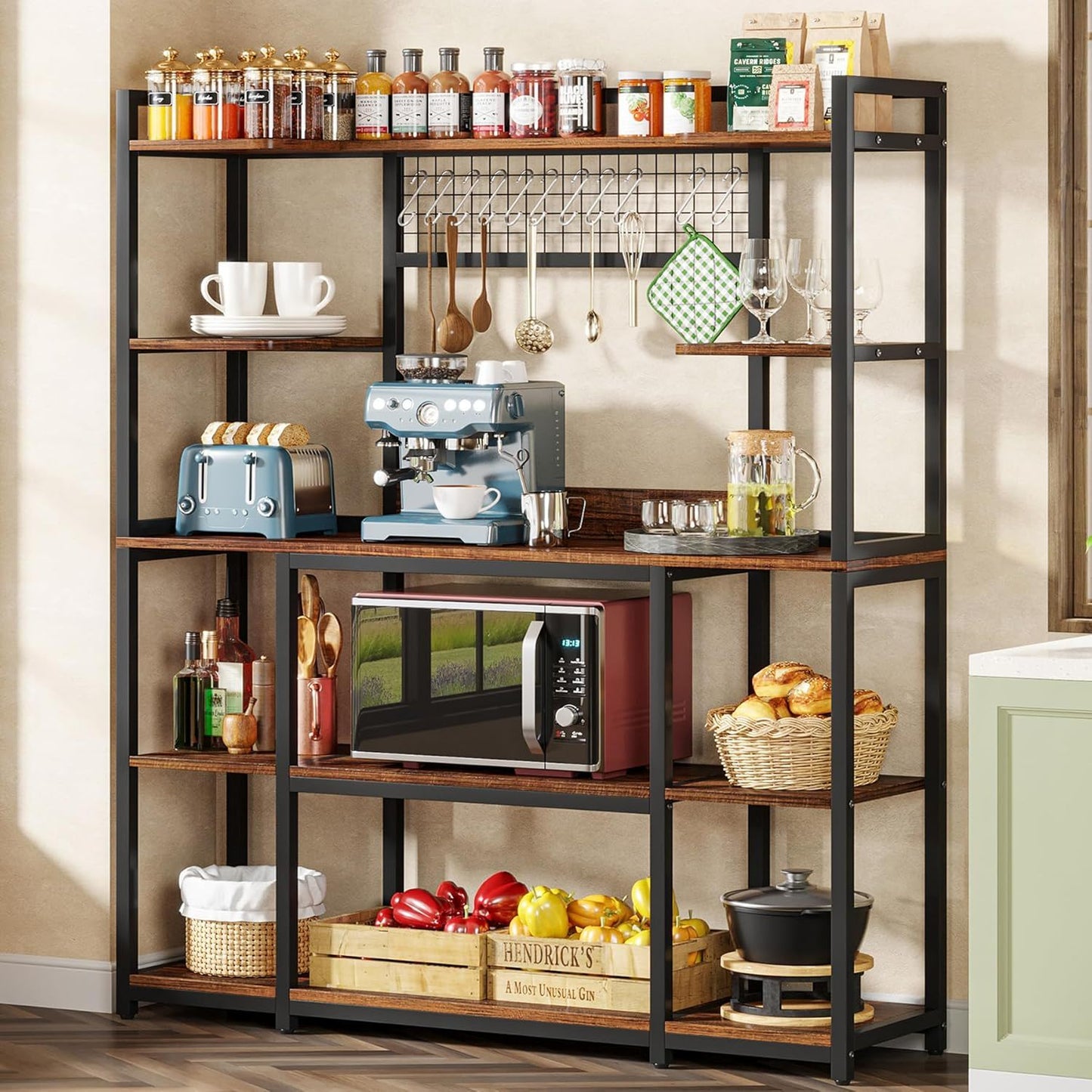 Baker's Rack With Hutch, 5 Tier Kitchen Storage Shelf, Freestanding Utility Pantry Organizer With Hooks And Microwave Stand - Black