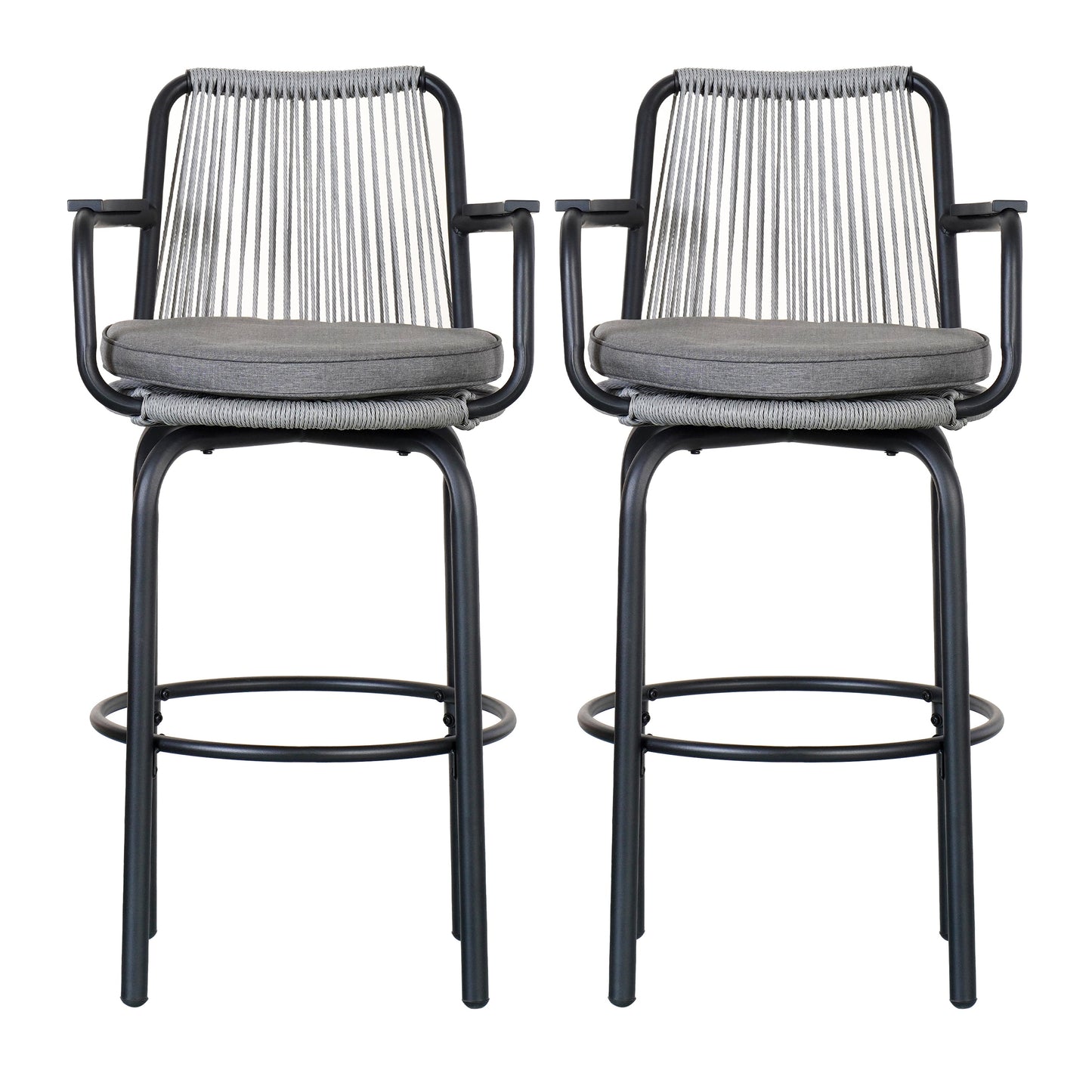 Outdoor Patio Bar Stools 29"H Set of 2, Modern Woven Rattan Rope Bar Height Chair