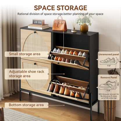 Space-Saving Rattan Shoe Cabinet with 4 Flip-Down Doors