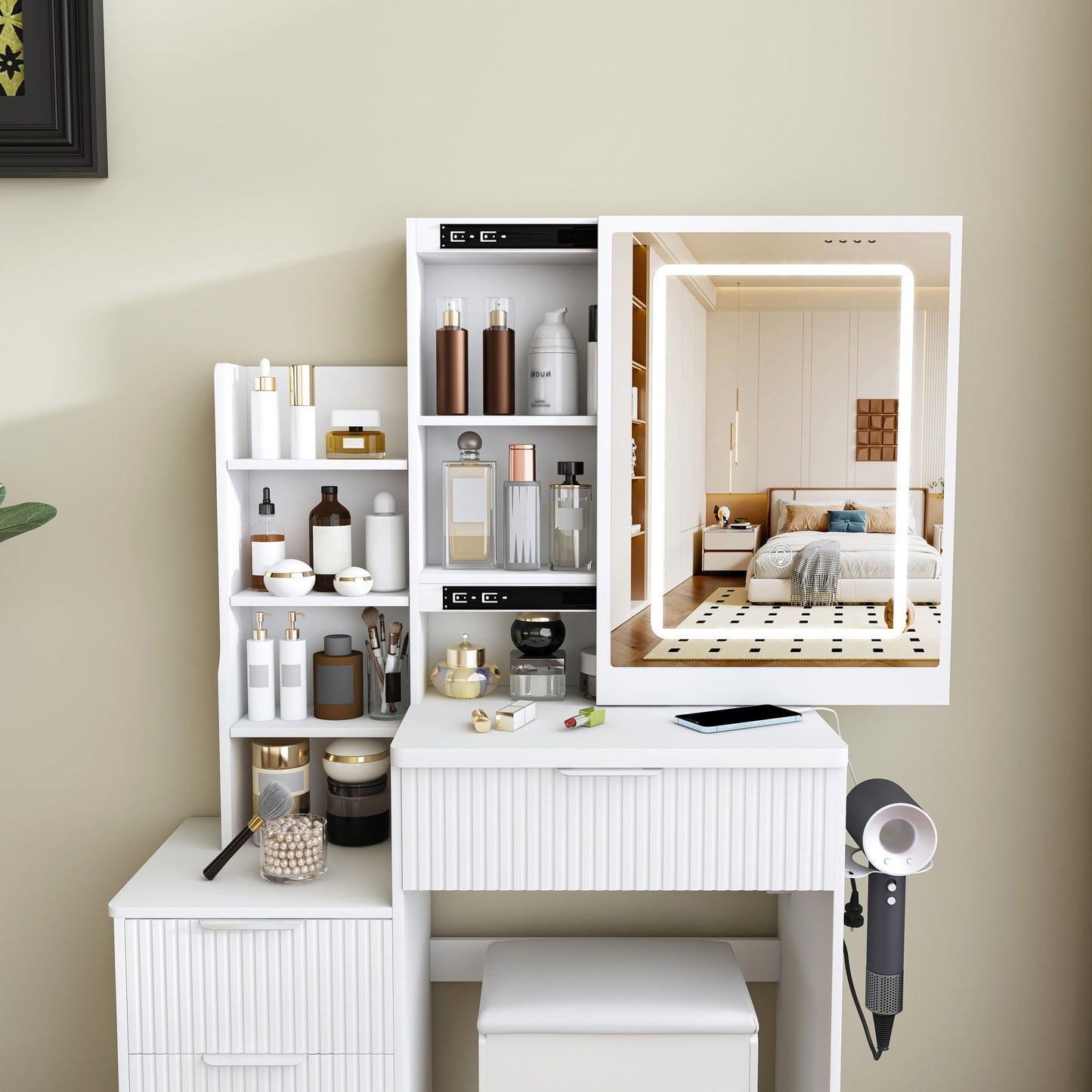 Modern Vanity Desk With 3 LED Lighting Modes, 4 Drawers