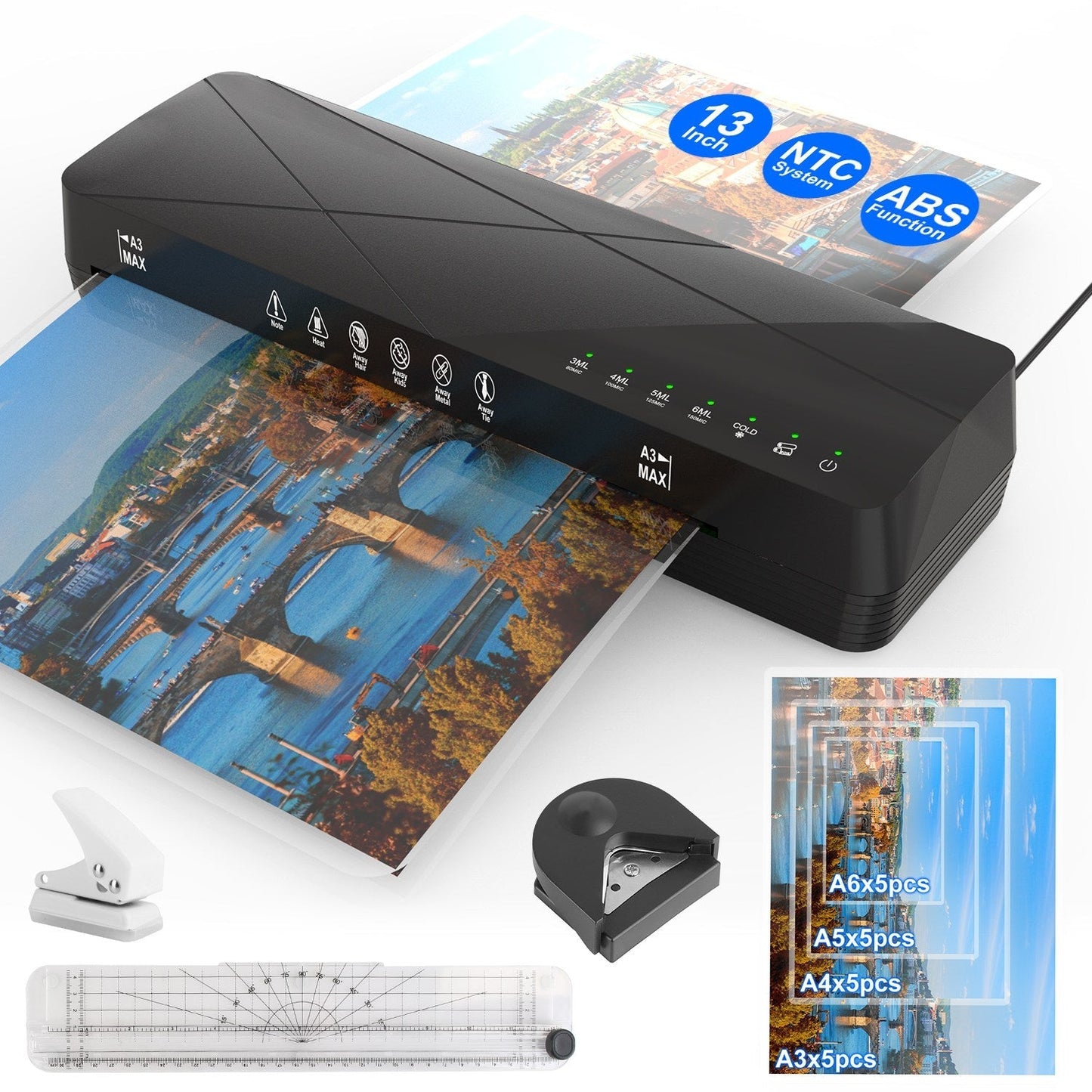 13Inch Laminator Machine Hot And Cold Mode A4 Personal Thermal Laminator With ABS Function 60S Warm-Up Time 30Mins Auto-Off for Home Office School Bus