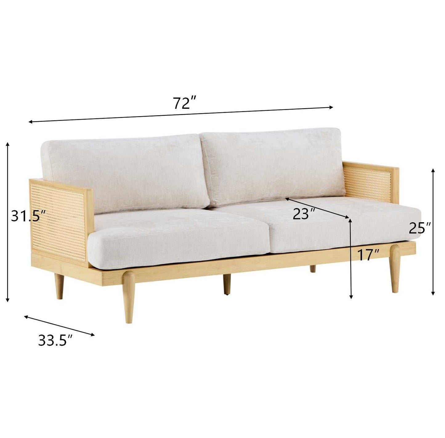 Emir 72" Square Arm 3-Seater Boucle Sofa with Cane Rattan and Wooden Frame