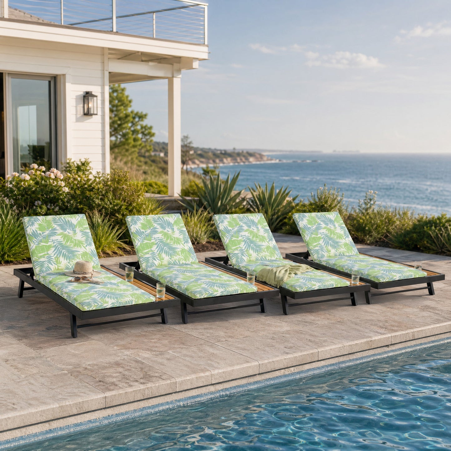 Black Iron + Teak Finish Outdoor Chaise Lounge Set with Leaf Coconut Cushion