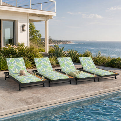 Black Iron + Teak Finish Outdoor Chaise Lounge Set with Leaf Coconut Cushion