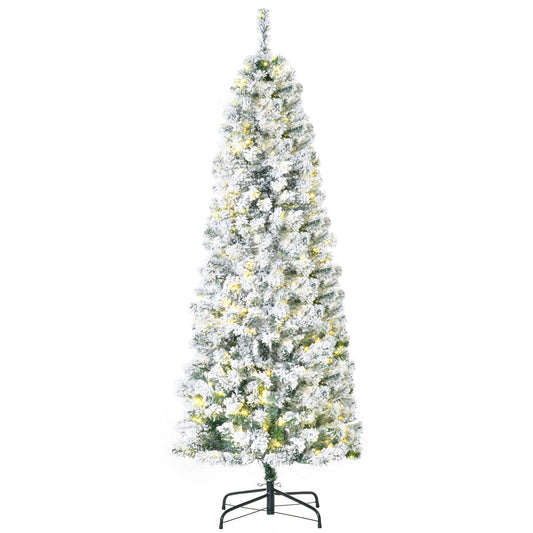 HOMCOM 6ft Pre-Lit Snow-Flocked Slim Douglas Fir Christmas Tree