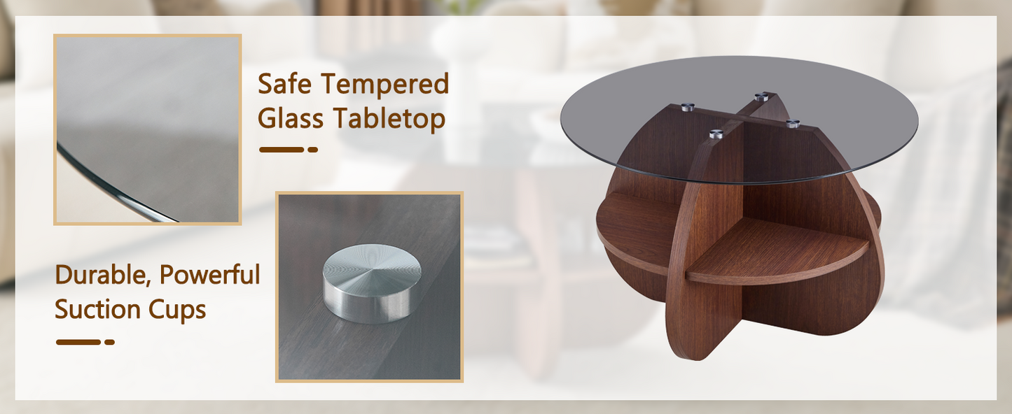 Creative Cross-Structure Round Coffee Table with Glass Top